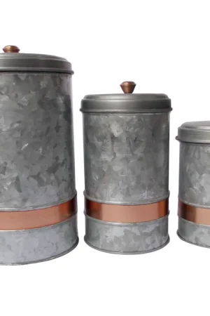 Galvanized Metal Lidded Canister With Copper Band, Set Of Three, Gray By Benzara - Gray Price Drop