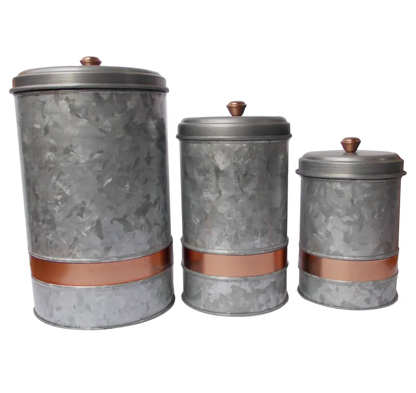 Galvanized Metal Lidded Canister With Copper Band, Set Of Three, Gray By Benzara - Gray Price Drop