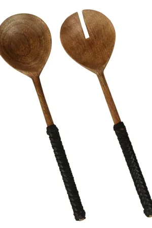 Burke Salad Servers, Wood & Black Leather Set Of 2 By HomArt Buy Direct