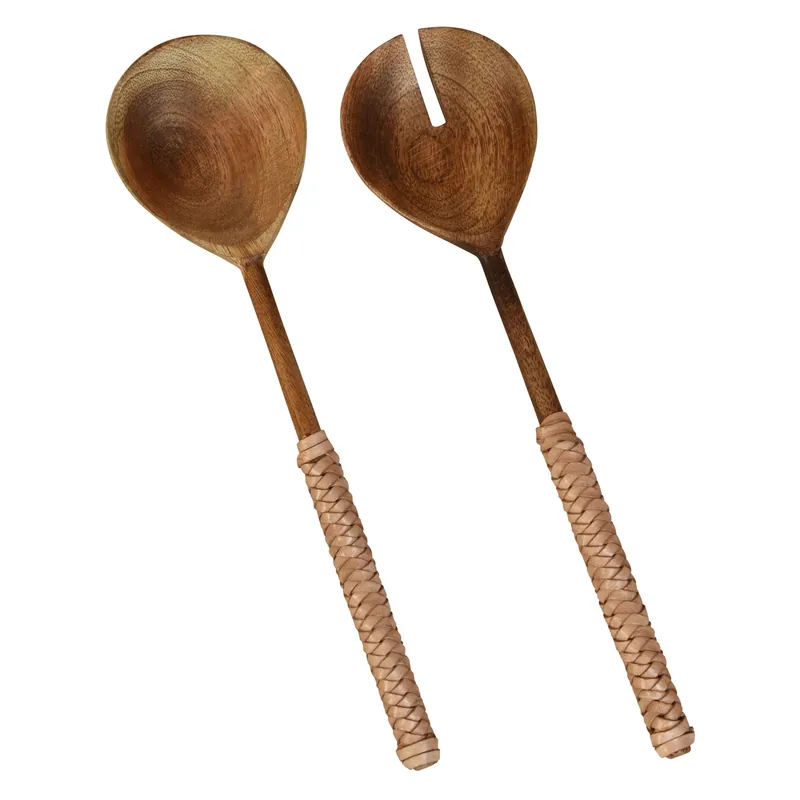 Burke Salad Servers, Wood & Natural Leather Set Of 2 By HomArt Shop Now