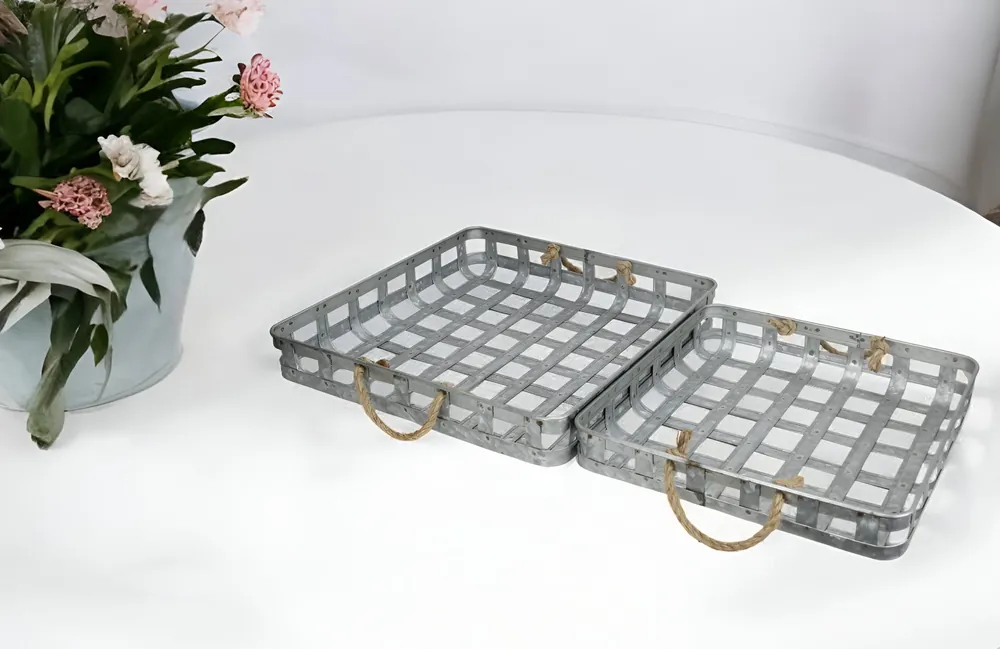 One Day Deal Set of Two Gray Rectangular Metal Handmade Serving Tray With Handles B