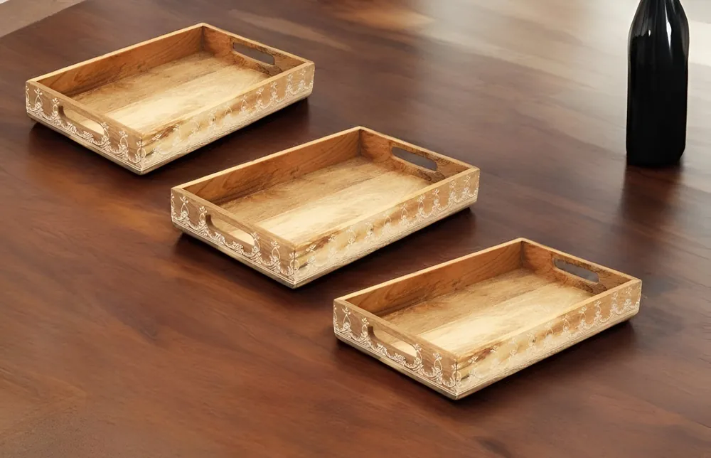 Set of Three Natural Rectangular Solid Wood Floral Handmade Serving Tr Sale