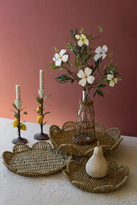 Set Of Three Flower Shaped Woven Seagrass Trays (Min 2) By Kalalou Buy Online
