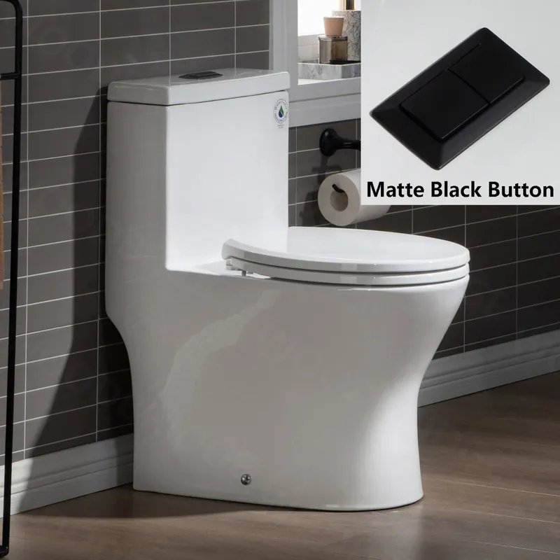 WoodBridge T0031-MB White Short Compact Tiny One Piece Toilet With Soft Closing Seat and Matte Black Finish Button Bargain