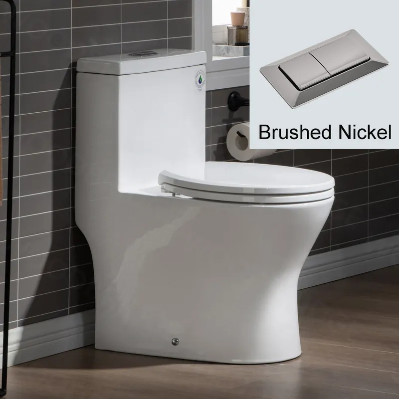 WoodBridge T0031-BN White One Piece Short Compact Toilet Tiny Mini Commode Water Closet Dual Flush Concealed Trapway With Brushed Nickel Button In Demand