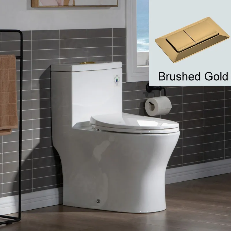 Fresh Stock WoodBridge T0032-BG White Modern One Piece Dual Flush 1.28 GP Toilet With Soft Closing Seat and Brushed Gold Button