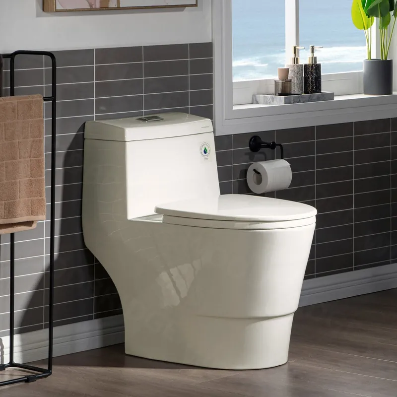 WoodBridge B0942 Biscuit One Piece Toilet with Soft Closing Seat, Chair Height, 1.28 GPF Dual, Water Sensed, 1000 Gram Map Flushing Score Toilet Price Drop