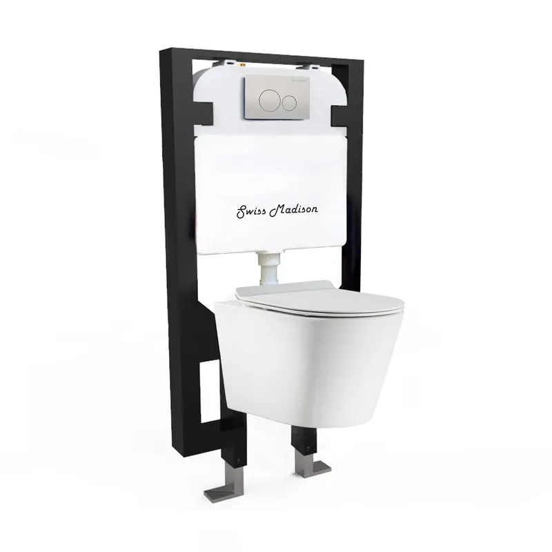 Deal Swiss Madison Calice 14" x 13" Glossy White Round Wall-Hung Toilet Bundle With In-Wall Carrier Tank and 0.8/1.6 GPF Dual-Flush Large Wall Actuator Plate