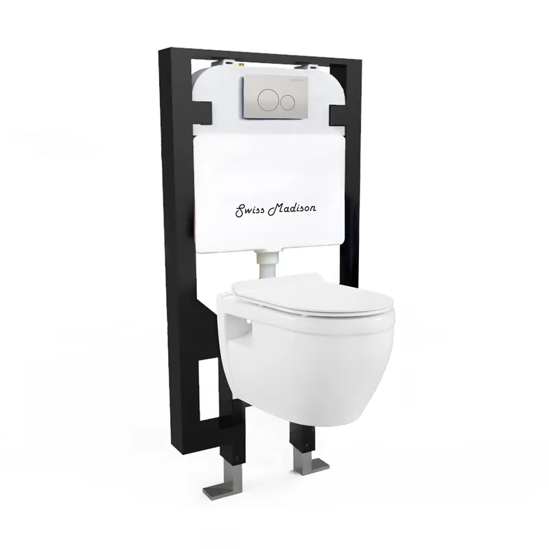 Latest Swiss Madison Ivy 15" x 13" Glossy White Elongated Wall-Hung Toilet Bundle With In-Wall Carrier Tank and 0.8/1.6 GPF Dual-Flush Large Wall Actuator Plate