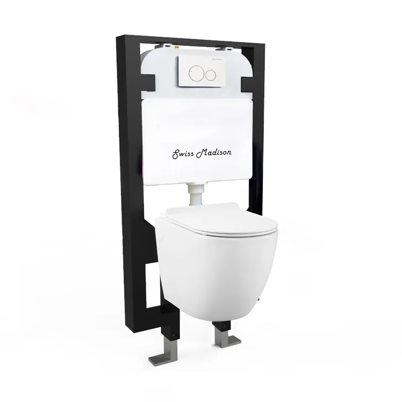 Swiss Madison St. Tropez 14" x 14" Glossy White Elongated Wall-Hung Toilet Bundle With In-Wall Carrier Tank and 0.8/1.6 GPF Dual-Flush Large Wall Actuator Plate Original