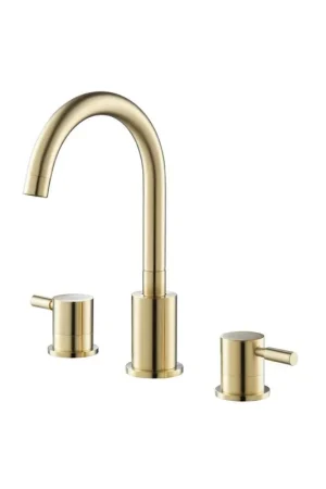 Bargain Flusso Faucets Serie 100 8" Three-Hole Satin Brass PVD Solid Brass Deck-Mounted Widespread Bathroom Sink Faucet With Overflow Pop-Up Drain