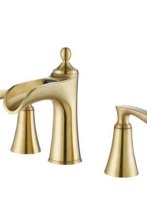 Vinnova Ukiah 7" Two Hole Brushed Gold 8" Widespread Low Arc Waterfall Bathroom Sink Faucet Super Sale