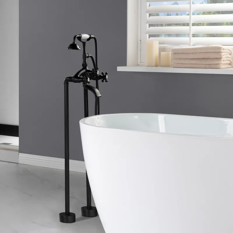 Best Choice WoodBridge F-0020MB Matte Black Freestanding Clawfoot Tub Filler Faucet With Hand Shower and Hose