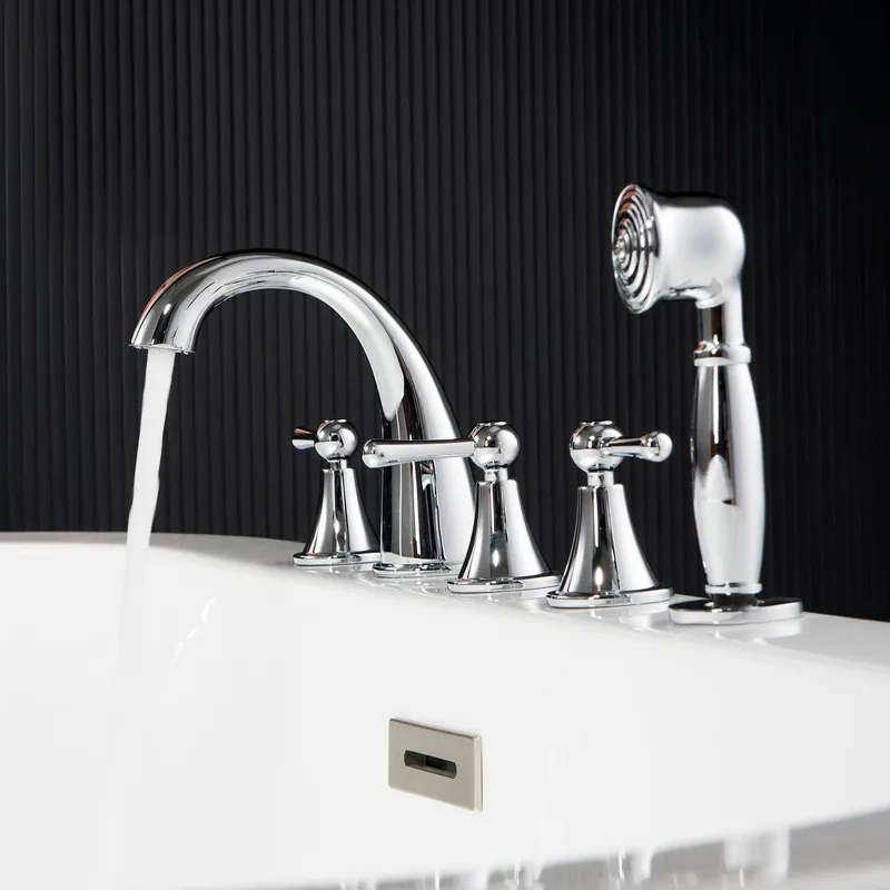 WoodBridge Metal Lever Handle 5-Piece Roman Widespread Deck Mounted Brushed Nickel Tub Filler With Hand Shower Fast Shipping