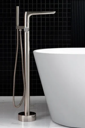 Best Seller WoodBridge F-0014 Brushed Nickel Contemporary Single Handle Floor Mount Freestanding Tub Filler Faucet With Hand Shower