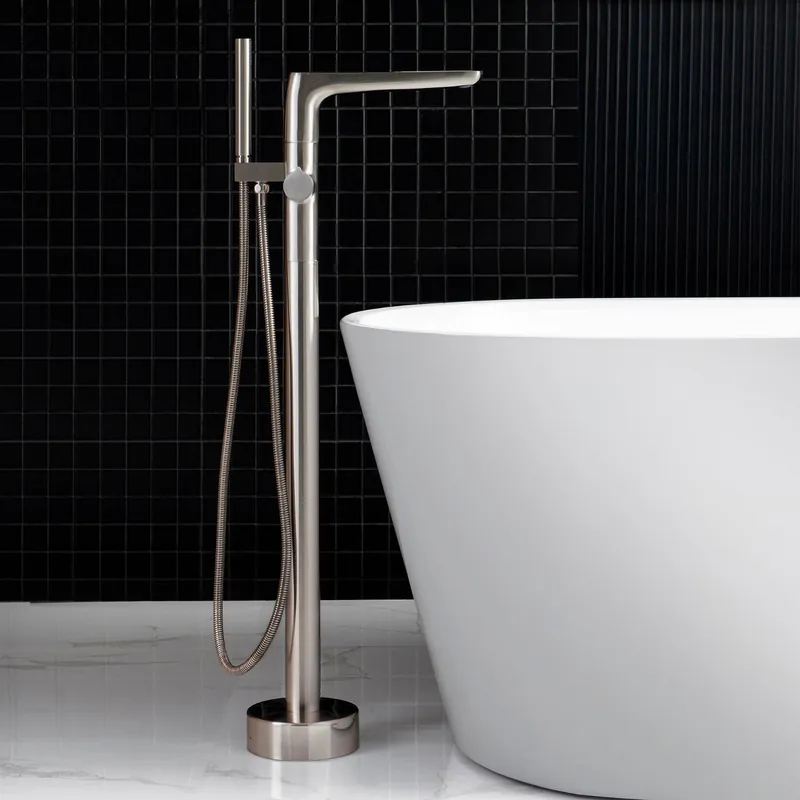 Best Seller WoodBridge F-0014 Brushed Nickel Contemporary Single Handle Floor Mount Freestanding Tub Filler Faucet With Hand Shower