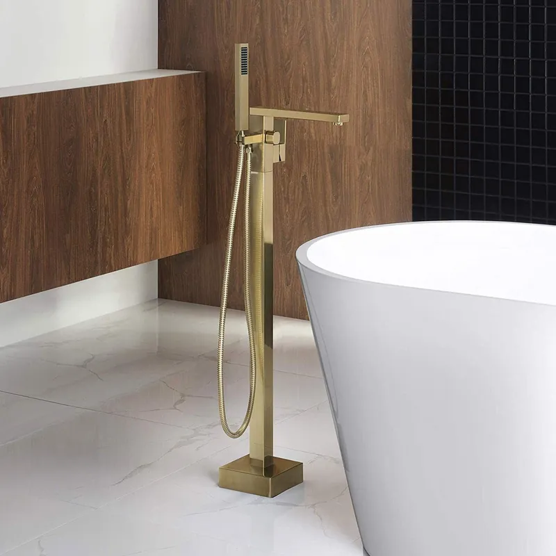 Buy Online WoodBridge F0008BG Brushed Gold Contemporary Single Handle Floor Mount Freestanding Tub Filler Faucet With Hand Shower