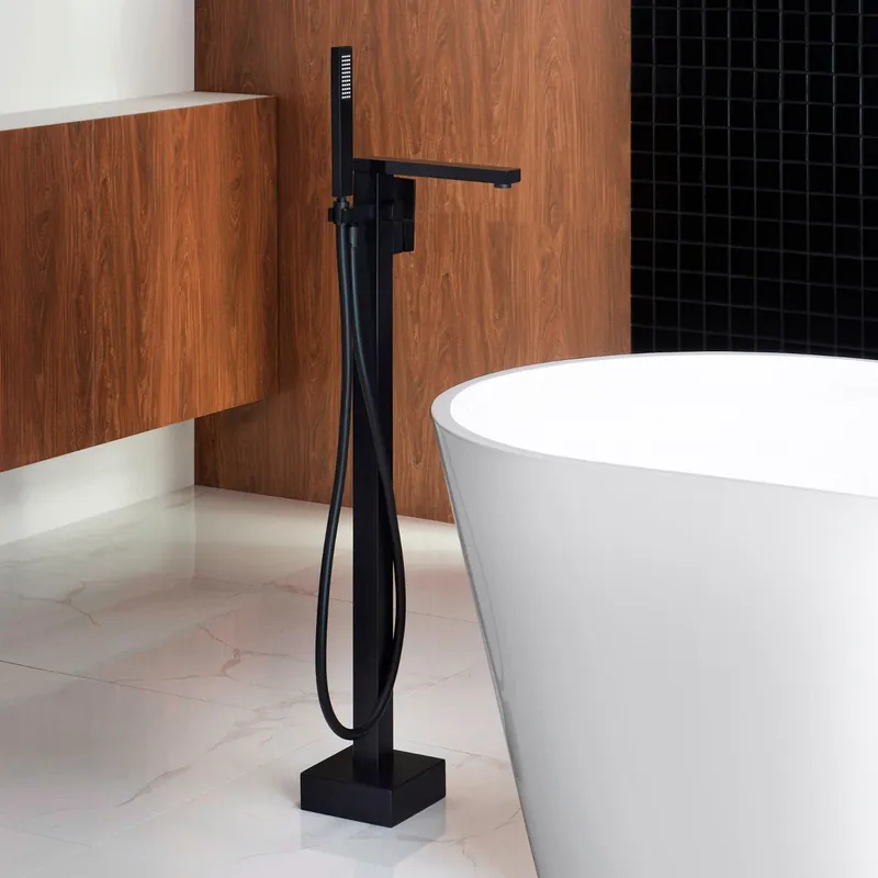 WoodBridge F0009 Matte Black Contemporary Single Handle Floor Mount Freestanding Tub Filler Faucet With Hand Shower Save Now