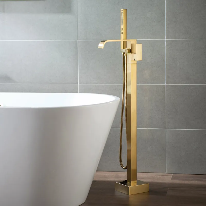 Top Rated WoodBridge F0039BG Brushed Gold Contemporary Single Handle Floor Mount Freestanding Tub Filler Faucet With Square Hand Shower