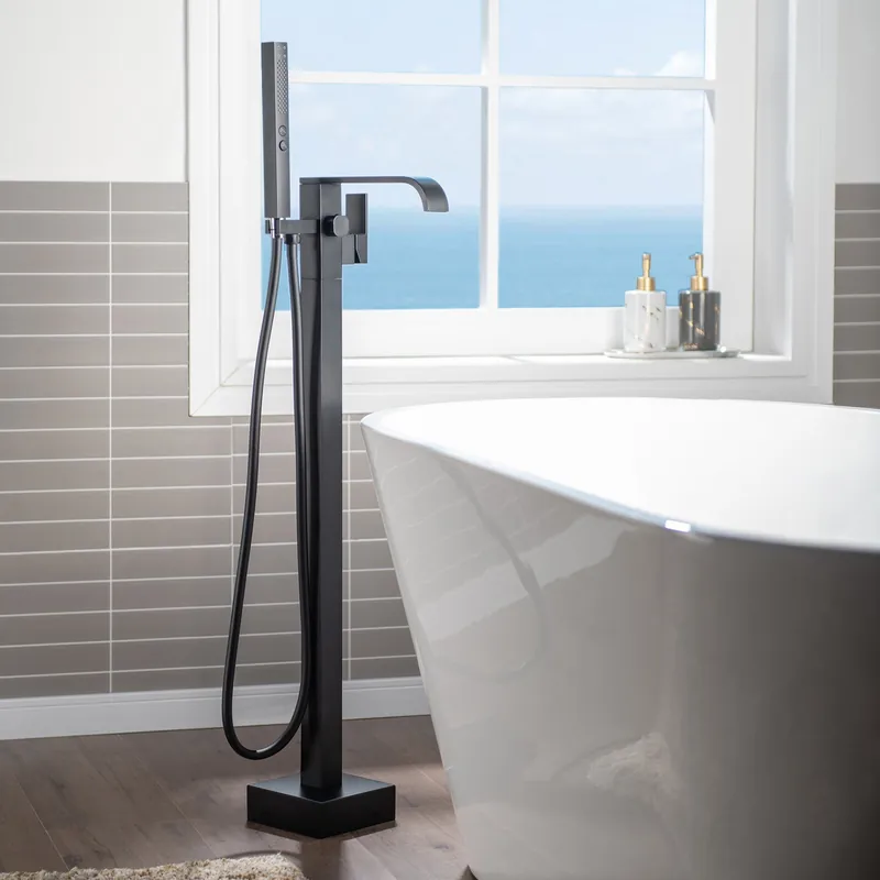WoodBridge F0037MB Matte Black Contemporary Single Handle Floor Mount Freestanding Tub Filler Faucet With Square Hand Shower Limited Time
