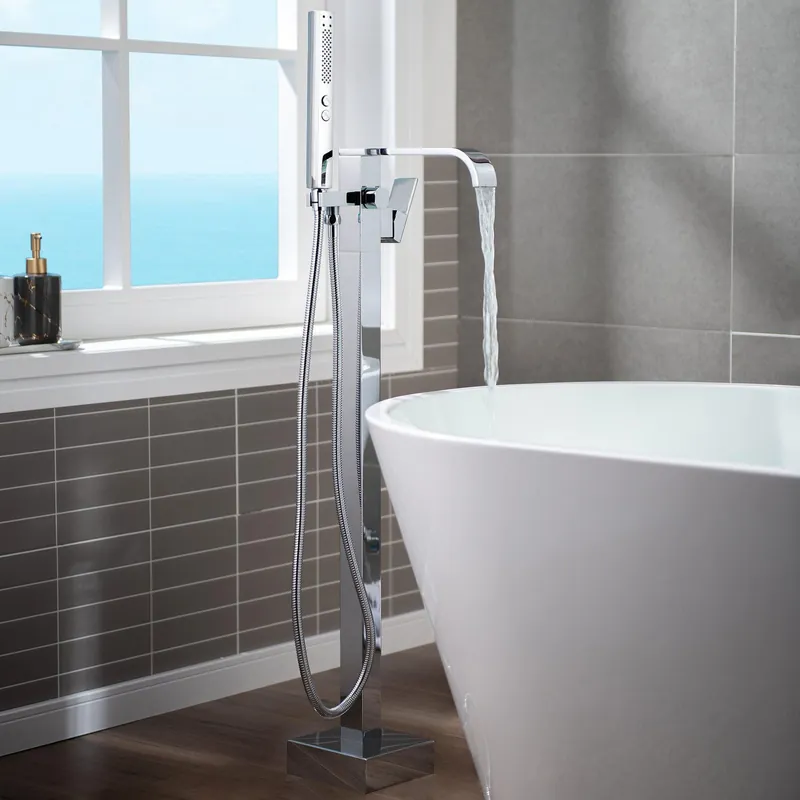 WoodBridge F0036CH Polished Chrome Contemporary Single Handle Floor Mount Freestanding Tub Filler Faucet With Square Hand Shower Seasonal Sale