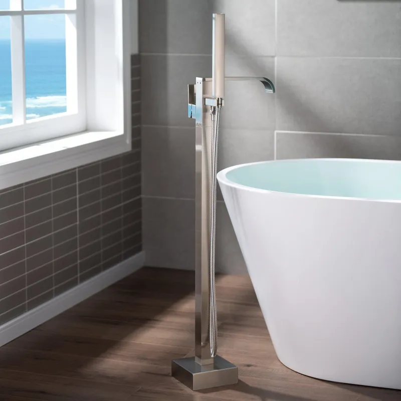 WoodBridge F0040BN Brushed Nickel Contemporary Single Handle Floor Mount Freestanding Tub Filler Faucet With Square Hand Shower Discount