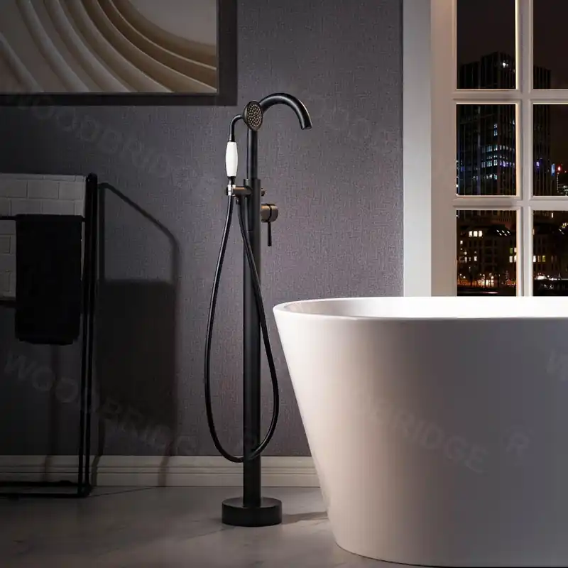 WoodBridge F0025MBVT Matte Black Fusion Single Handle Floor Mount Freestanding Tub Filler Faucet With Telephone Style Hand Shower Exclusive Offer
