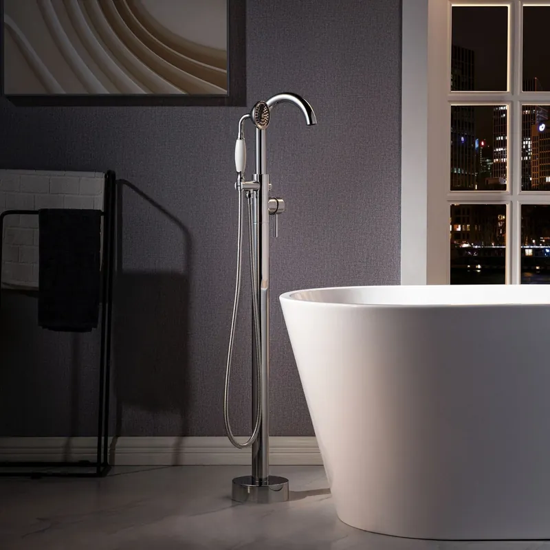 Holiday Sale WoodBridge F0024CHVT Polished Chrome Fusion Single Handle Floor Mount Freestanding Tub Filler Faucet With Telephone Style Hand Shower