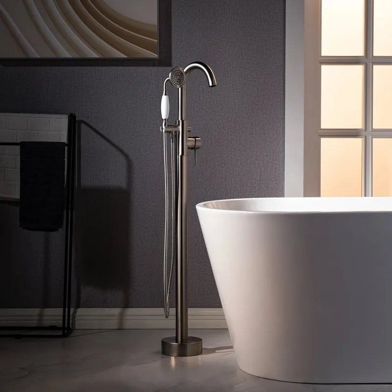 WoodBridge F0023BNVT Brushed Nickel Fusion Single Handle Floor Mount Freestanding Tub Filler Faucet With Telephone Style Hand Shower Direct From Factory