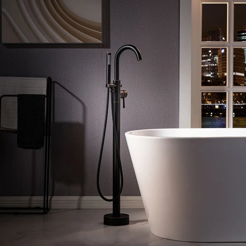 WoodBridge F0027ORBRD Oil Rubbed Bronze Contemporary Single Handle Floor Mount Freestanding Tub Filler Faucet With Cylinder Shape Hand Shower Reduced Price