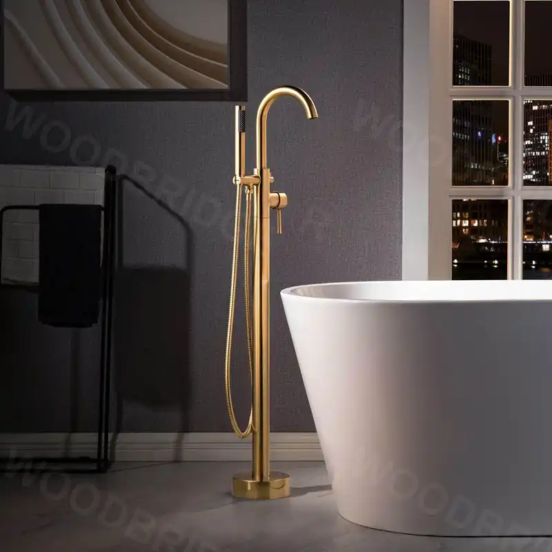 WoodBridge F0026BGRD Brushed Gold Contemporary Single Handle Floor Mount Freestanding Tub Filler Faucet With Cylinder Shape Hand Shower Buy Direct