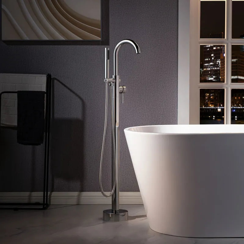 WoodBridge F0024CHRD Polished Chrome Contemporary Single Handle Floor Mount Freestanding Tub Filler Faucet With Cylinder Shape Hand Shower Flash Sale