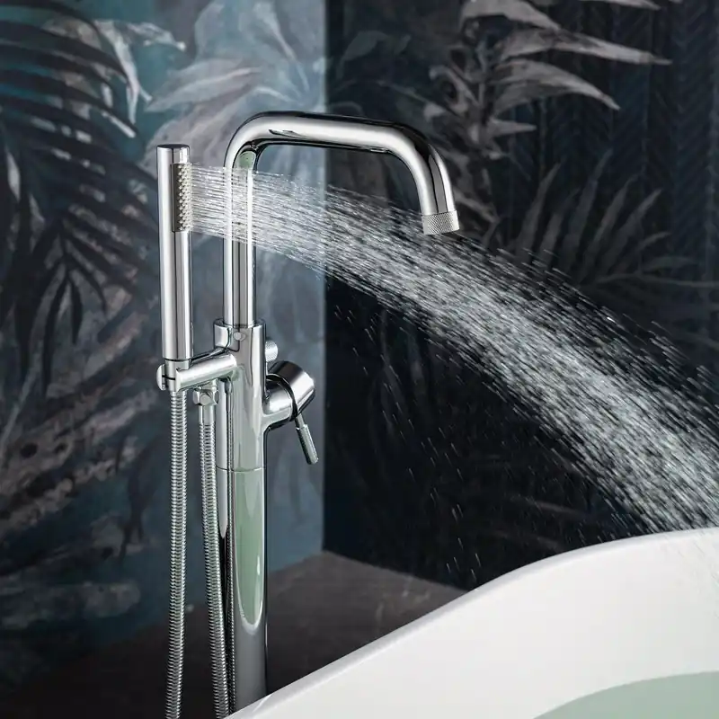 Today Only WoodBridge F0071CHRD Chrome Contemporary Single Handle Floor Mount Freestanding Tub Filler Faucet With Cylinder Style Hand Shower