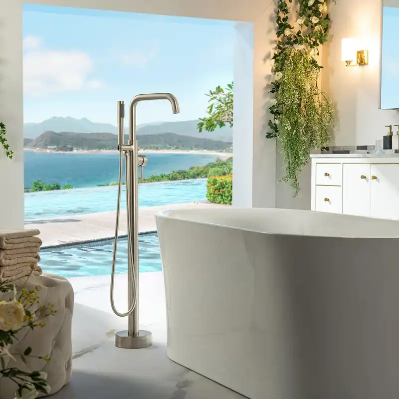 New Release WoodBridge F0070BNRD Brushed Nickel Contemporary Single Handle Floor Mount Freestanding Tub Filler Faucet With Cylinder Style Hand Shower