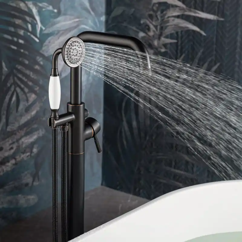WoodBridge F0074ORBVT Oil Rubbed Bronze Single Handle Floor Mount Freestanding Tub Filler Faucet With Classic Telephone Style Hand Shower Luxury