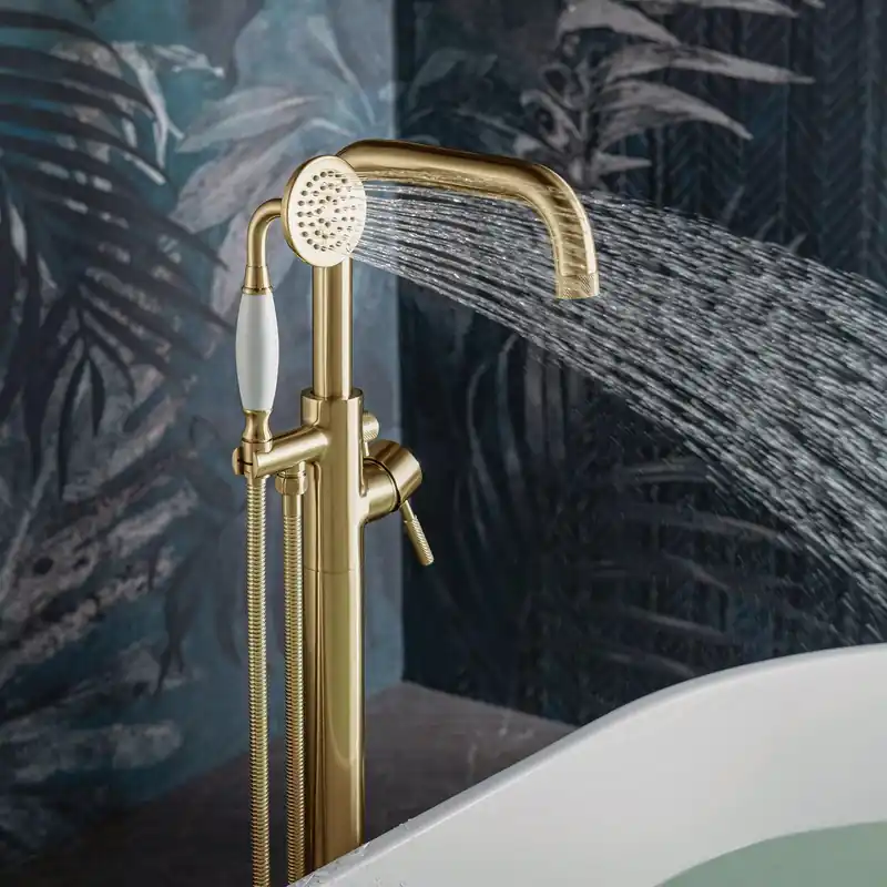 WoodBridge F0073BGVT Brushed Gold Single Handle Floor Mount Freestanding Tub Filler Faucet With Classic Telephone Style Hand Shower Next Day Delivery
