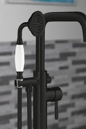 Worldwide Shipping WoodBridge F0072MBVT Matte Black Single Handle Floor Mount Freestanding Tub Filler Faucet With Classic Telephone Style Hand Shower