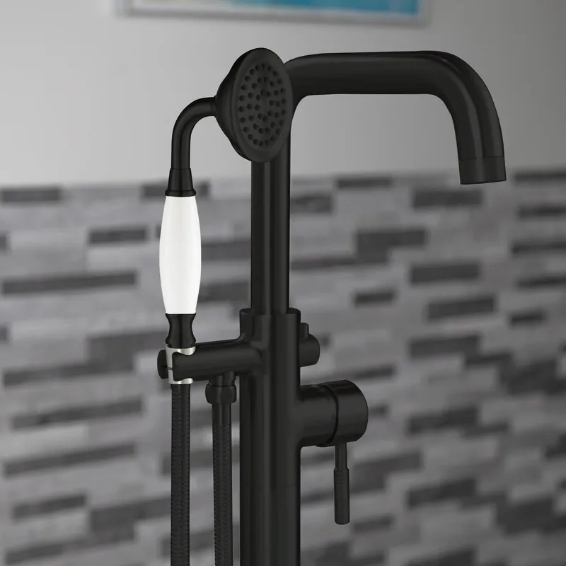 Worldwide Shipping WoodBridge F0072MBVT Matte Black Single Handle Floor Mount Freestanding Tub Filler Faucet With Classic Telephone Style Hand Shower