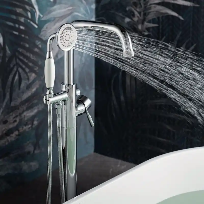 WoodBridge F0071CHVT Chrome Fusion Single Handle Floor Mount Freestanding Tub Filler Faucet With Classic Telephone Style Hand Shower Fan Favorite