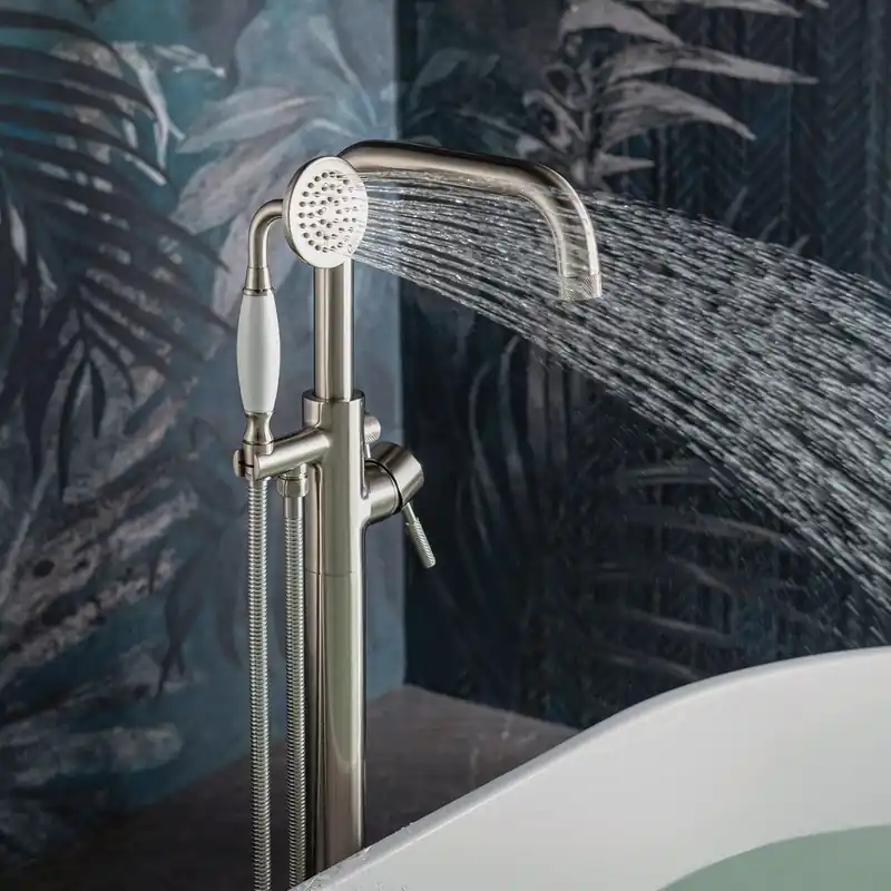 Time-Limited WoodBridge F0070BNVT Brushed Nickel Fusion Single Handle Floor Mount Freestanding Tub Filler Faucet With Classic Telephone Style Hand Shower