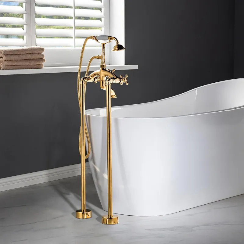 Fresh Stock WoodBridge F0019PG Polished Gold Freestanding Clawfoot Tub Filler Faucet With Hand Shower and Hose