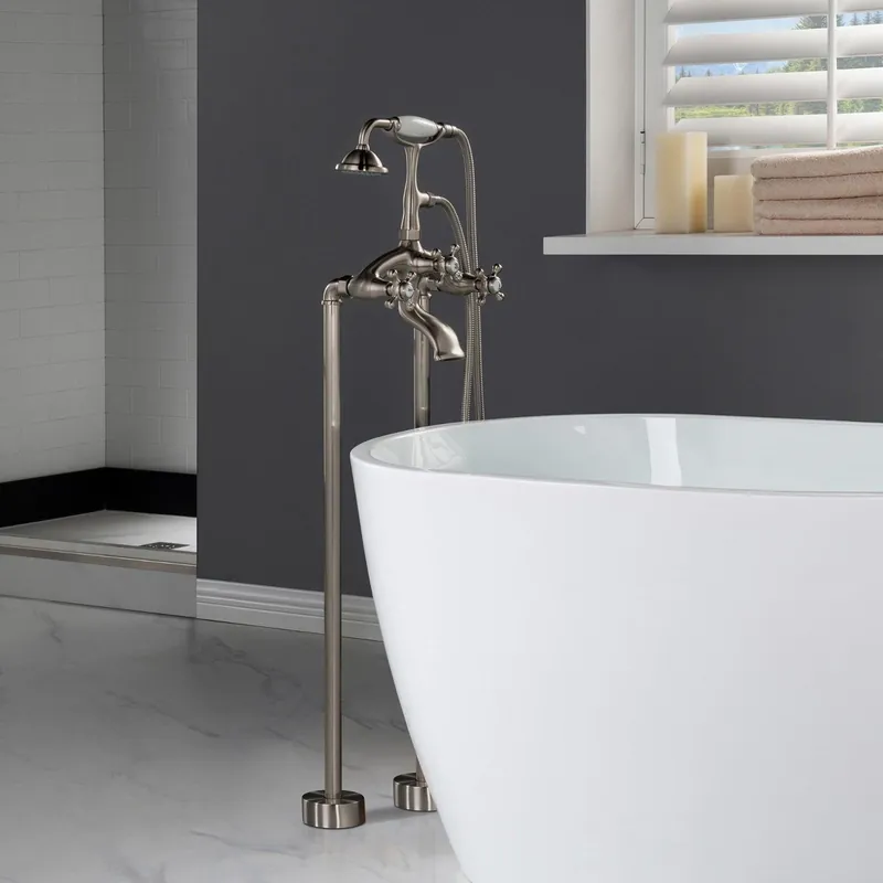 WoodBridge F0018BN Brushed Nickel Freestanding Clawfoot Tub Filler Faucet With Hand Shower and Hose Get Yours