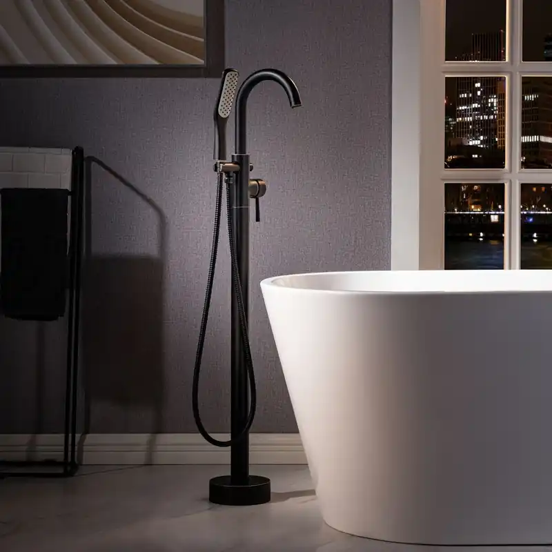 Sale WoodBridge F0027ORBSQ Oil Rubbed Bronze Fusion Single Handle Floor Mount Freestanding Tub Filler Faucet With Square Comfort Grip Hand Shower