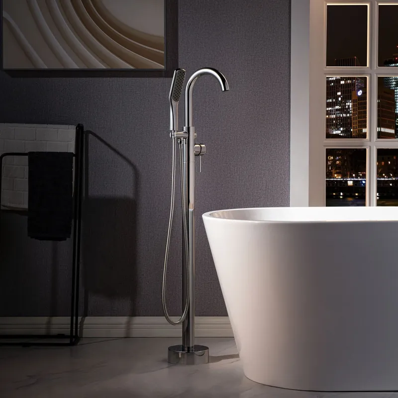 Trusted Brand WoodBridge F0024CHSQ Polished Chrome Fusion Single Handle Floor Mount Freestanding Tub Filler Faucet With Square Comfort Grip Hand Shower
