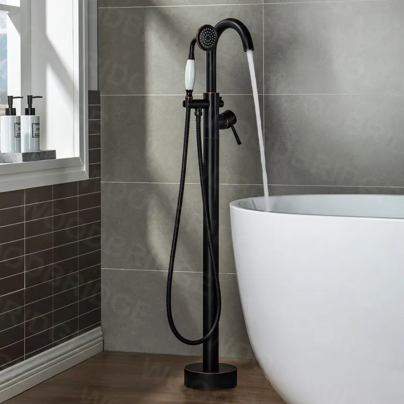 Special Offer WoodBridge F0010ORBVT Oil Rubbed Bronze Contemporary Single Handle Floor Mount Freestanding Tub Filler Faucet With Telephone Hand Shower