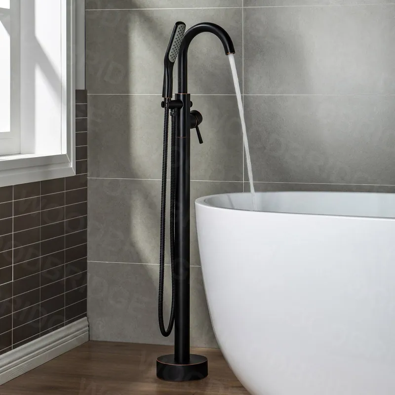 Popular WoodBridge F0010ORBSQ Oil Rubbed Bronze Contemporary Single Handle Floor Mount Freestanding Tub Filler Faucet With Square Shape Comfort Grip Hand Shower