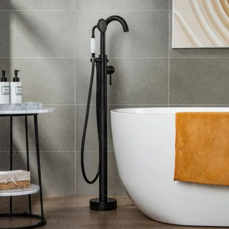 Modern WoodBridge F0006MBVT Matte Black Fusion Single Handle Floor Mount Freestanding Tub Filler Faucet With Telephone Hand Shower