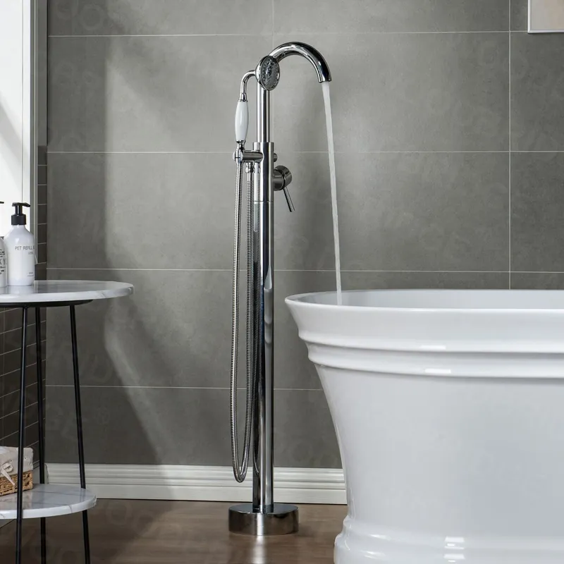 WoodBridge F0002CHVT Polished Chrome Fusion Single Handle Floor Mount Freestanding Tub Filler Faucet With Telephone Hand Shower Certified
