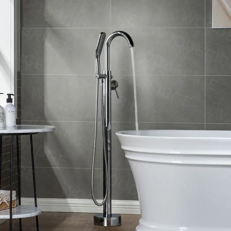 Holiday Sale WoodBridge F0002CHSQ Chrome Contemporary Single Handle Floor Mount Freestanding Tub Filler Faucet With Square Hand Shower