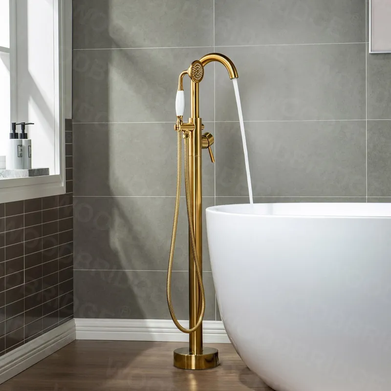 Wholesale WoodBridge F0007BGVT Brushed Gold Fusion Single Handle Floor Mount Freestanding Tub Filler Faucet With Telephone Hand Shower